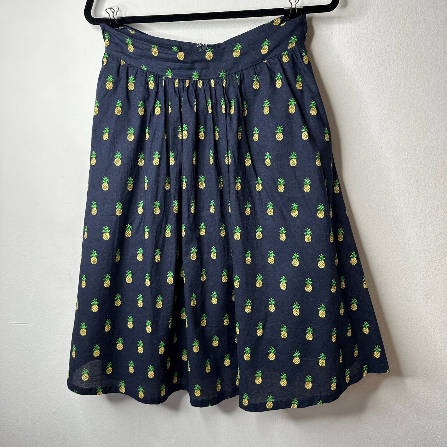 Mo:Vint NY Navy Pineapple Print Pleated Tie Pocket Circle Cotton Midi Skirt SM