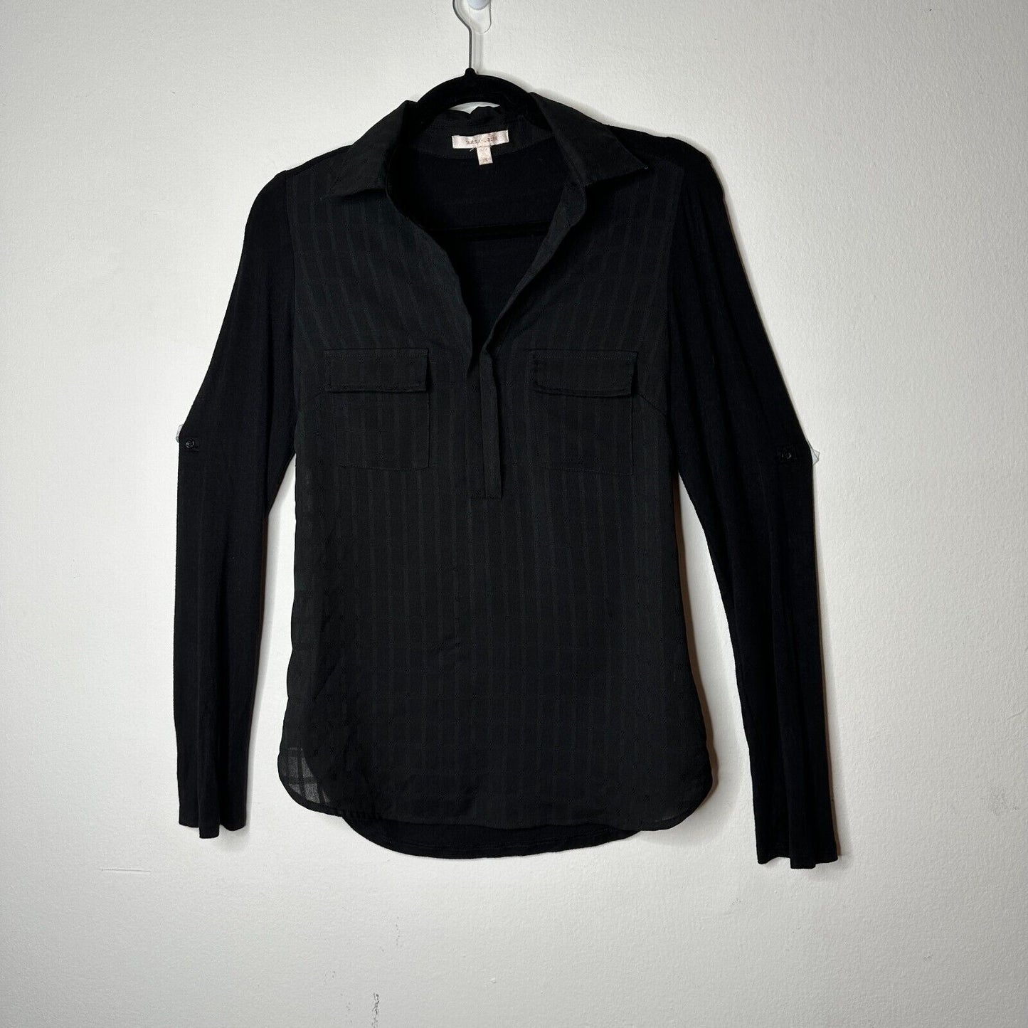 Skies Are Blue Black Stripe Stretch Front Pockets Long Sleeve Collar Blouse XS