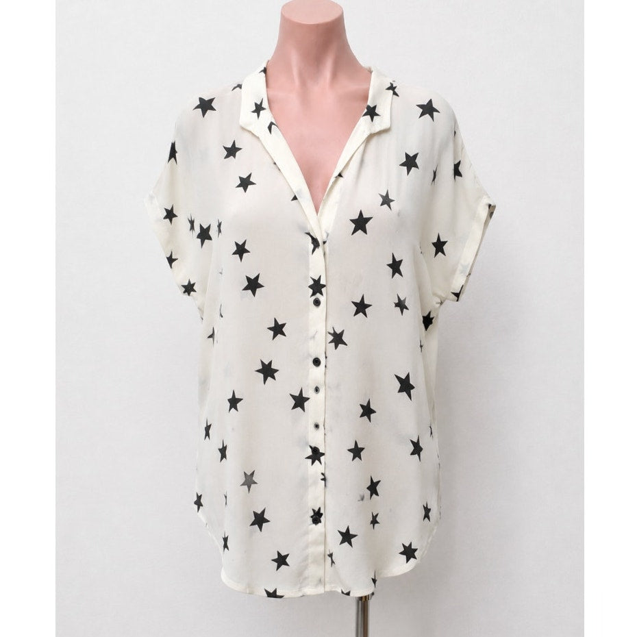 Ninivah Khomo Sheer Cream and Black Star Button Front Short Sleeve Tunic Top OS