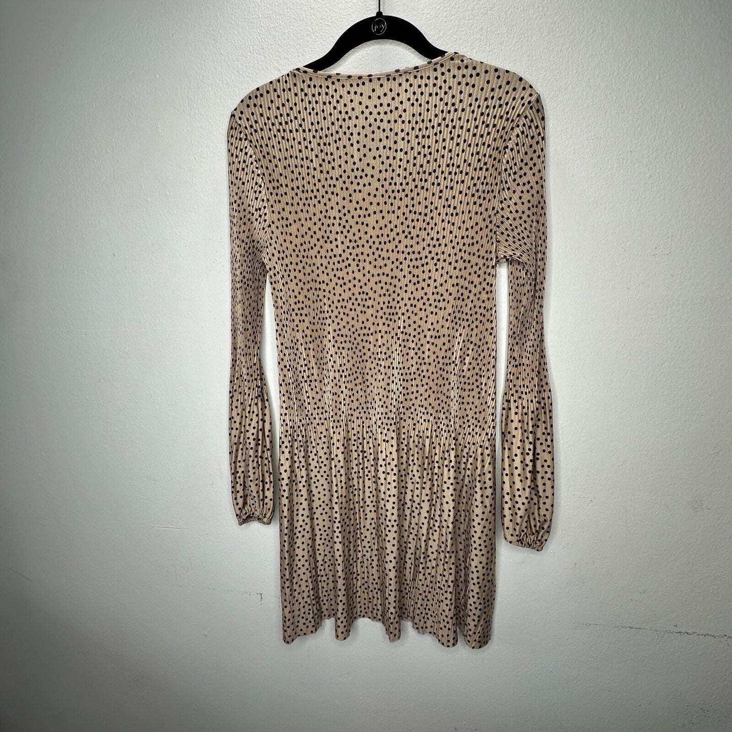 Stradivarius Beige Black Polka Dot Mini Pleat Balloon Sleeve Round Neck Dress