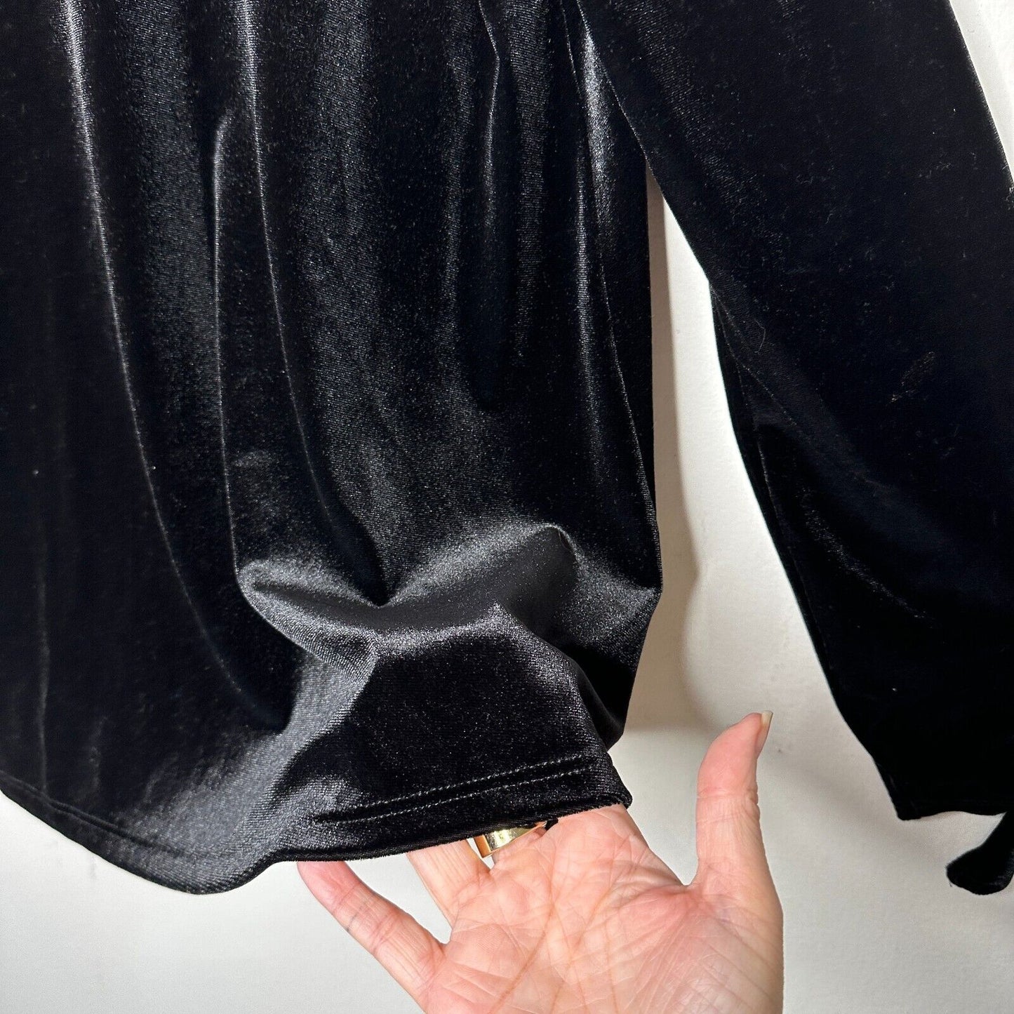 Jet Black Velvet Velour Waterfall Open Front Cardigan Long Sleeve with Ties M