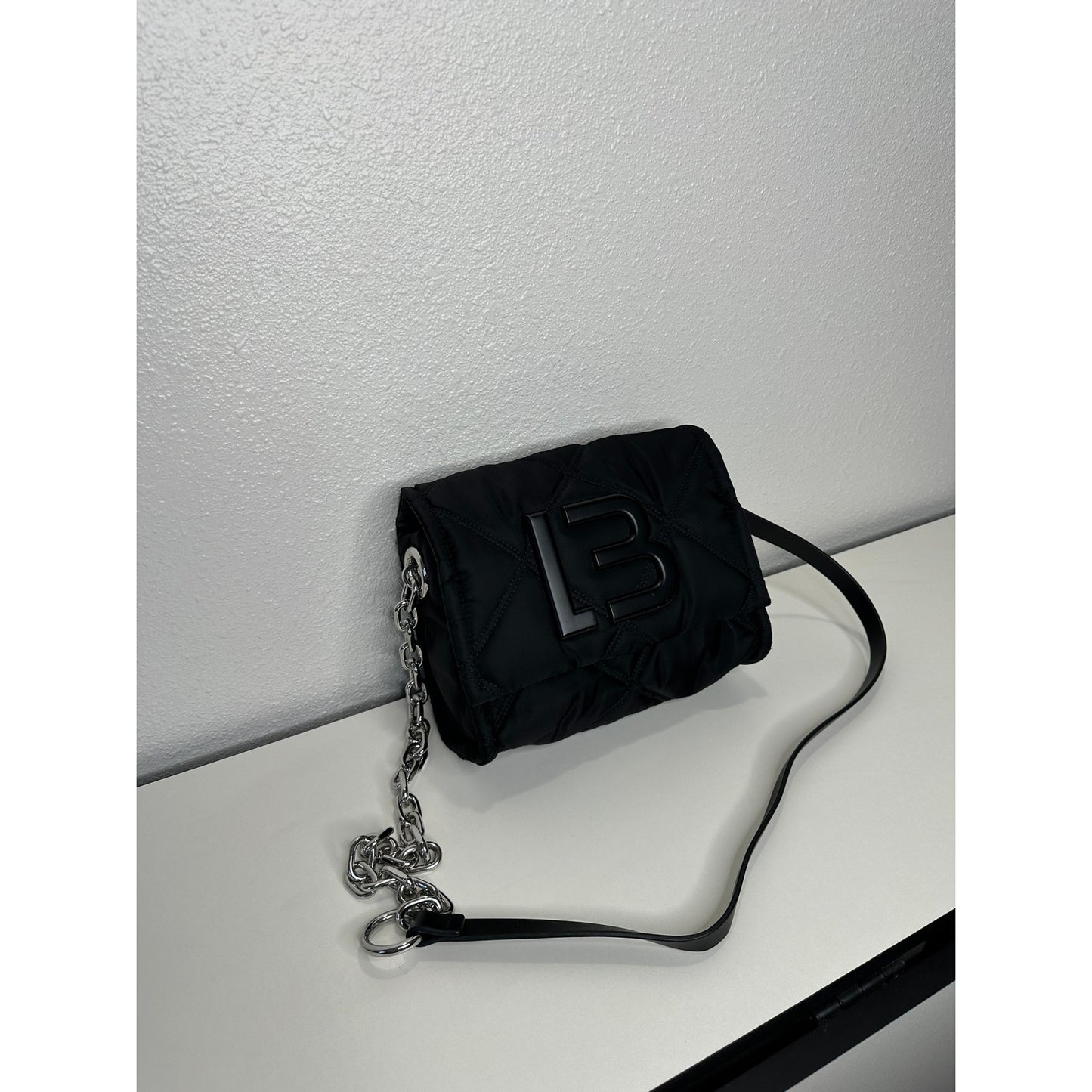 BYL Small Black Padded Nylon Crossbody Bag Leather & Chain Strap