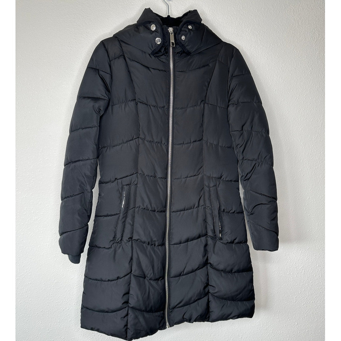 Guess Black Long Line Front Zip Hooded Puffer Jacket S