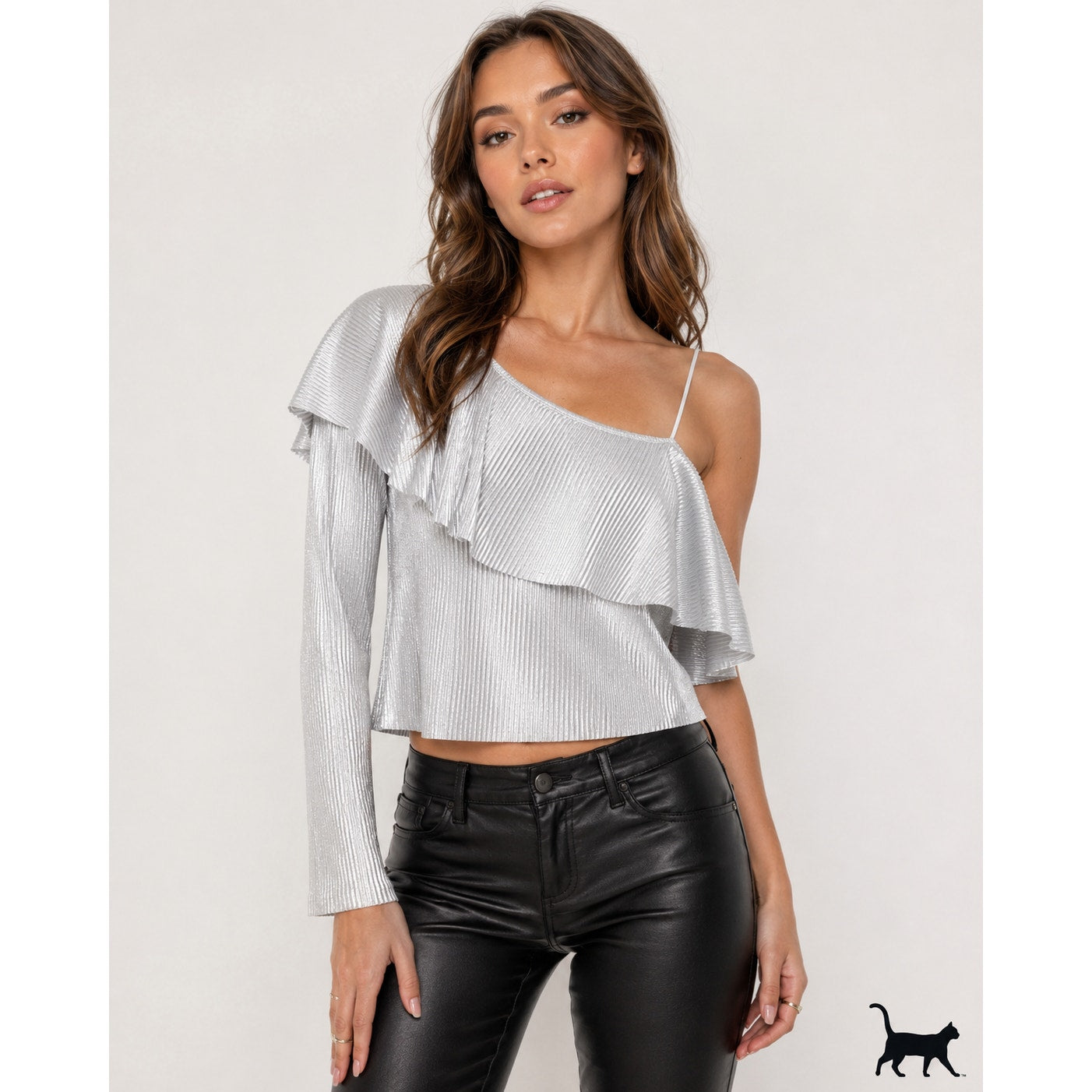 Silver Metallic Shiny Striped Ribbed One Shoulder One Long Sleeve Ruffle Top S