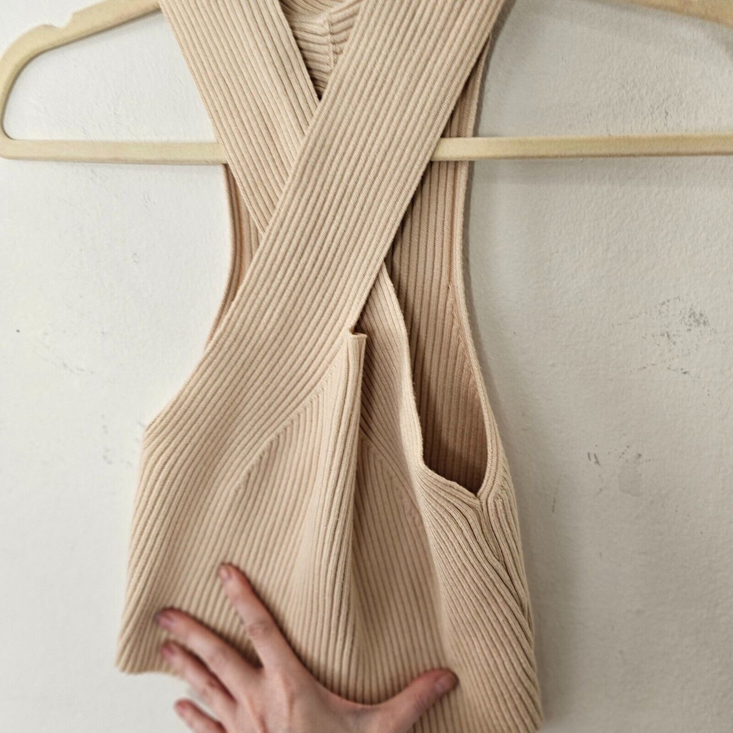 Cider Beige Ribbed Knit Sleeveless Criss Cross Front Halter Stretch Crop Top XL