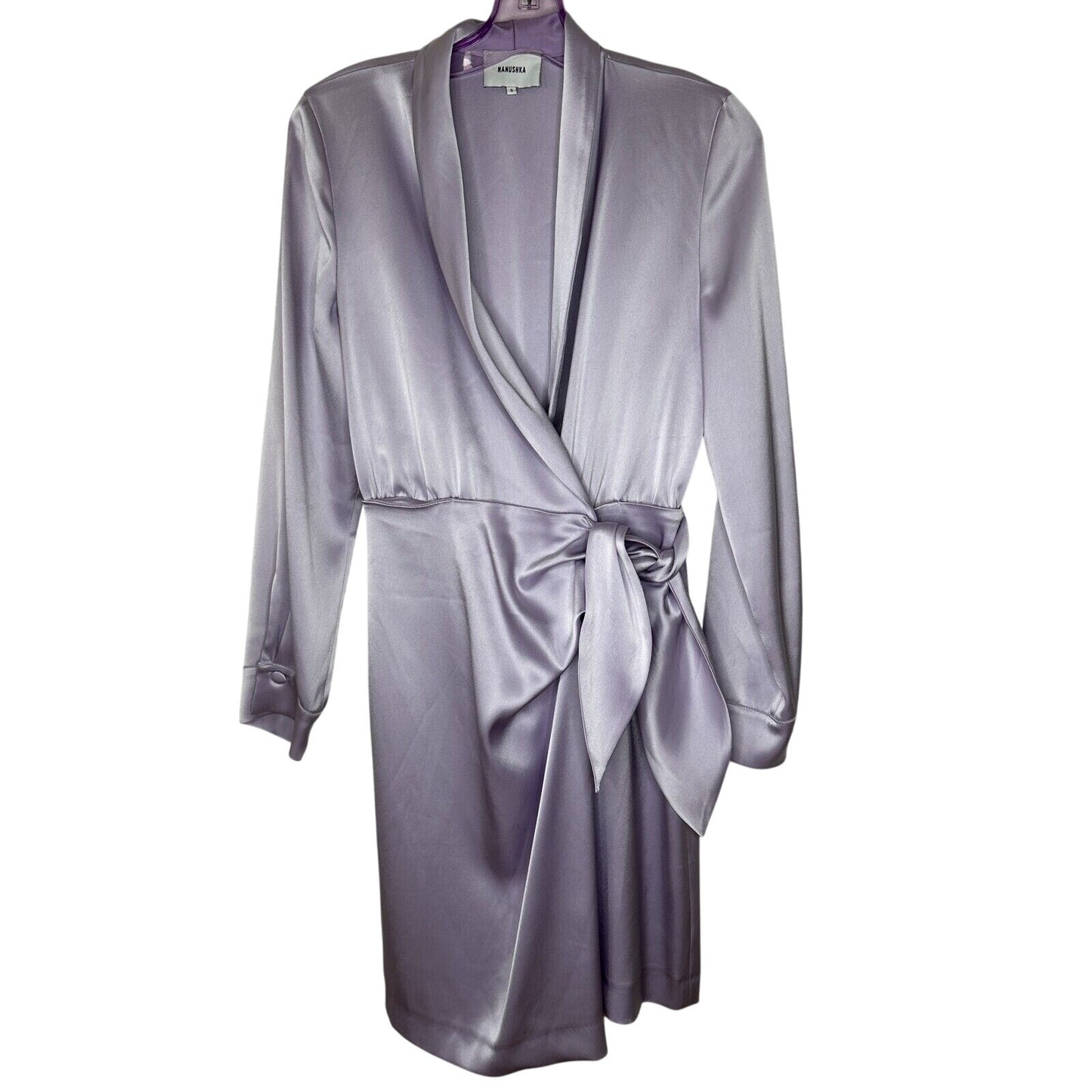 Nanushka Lilac Siwa Tech Satin Wrap Dress Asymmetrica V-Neck Concealed Snap S