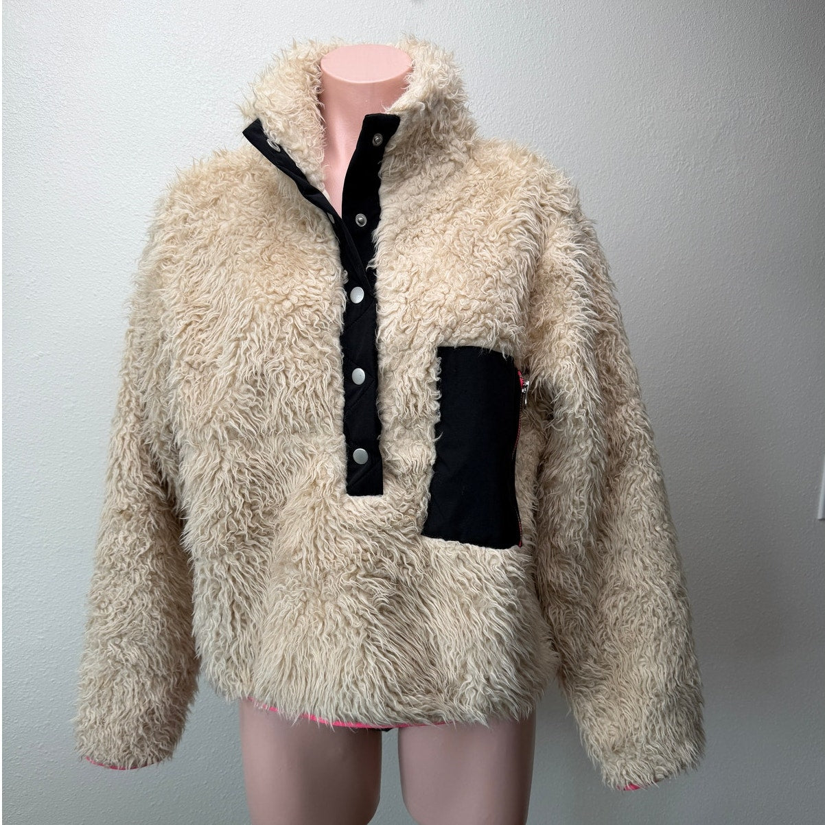 Stance Cream Sherpa Fuzzy Snap Button Pullover Jacket Size M