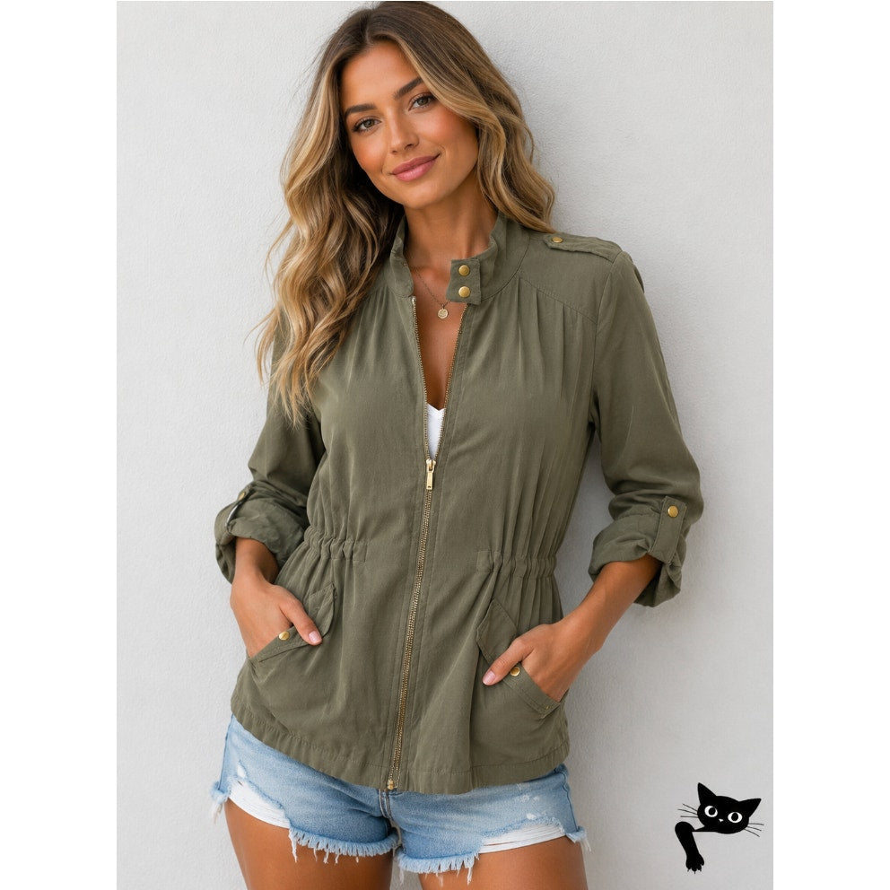 Zara Olive Green 3/4 Cuffed Sleeve Collared Zip Cinch Waist Jacket XS