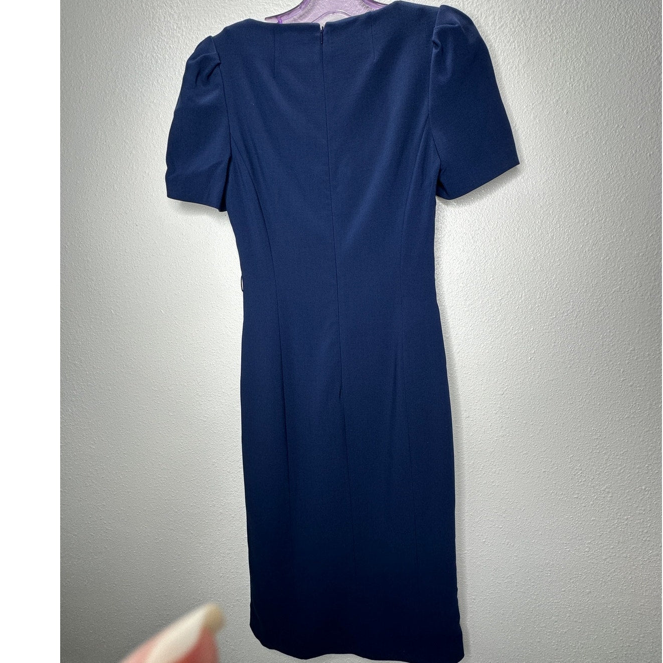 Michael Kors Navy Blue V-Neck Cap Sleeve Front Slit Fitted Midi Dress 2