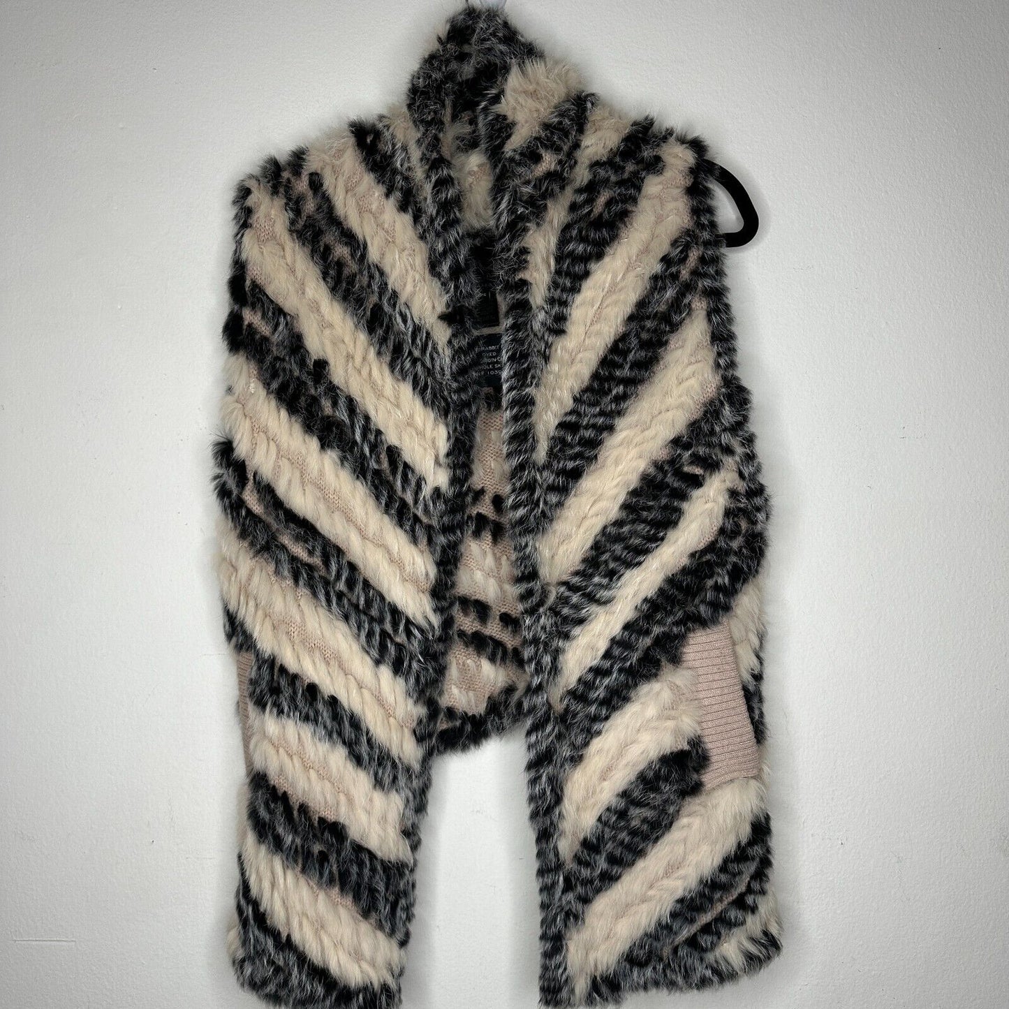 Marc by Marc Jacobs Cream Black Striped Knitted Soft Rabbit Fur Pocket Vest OS