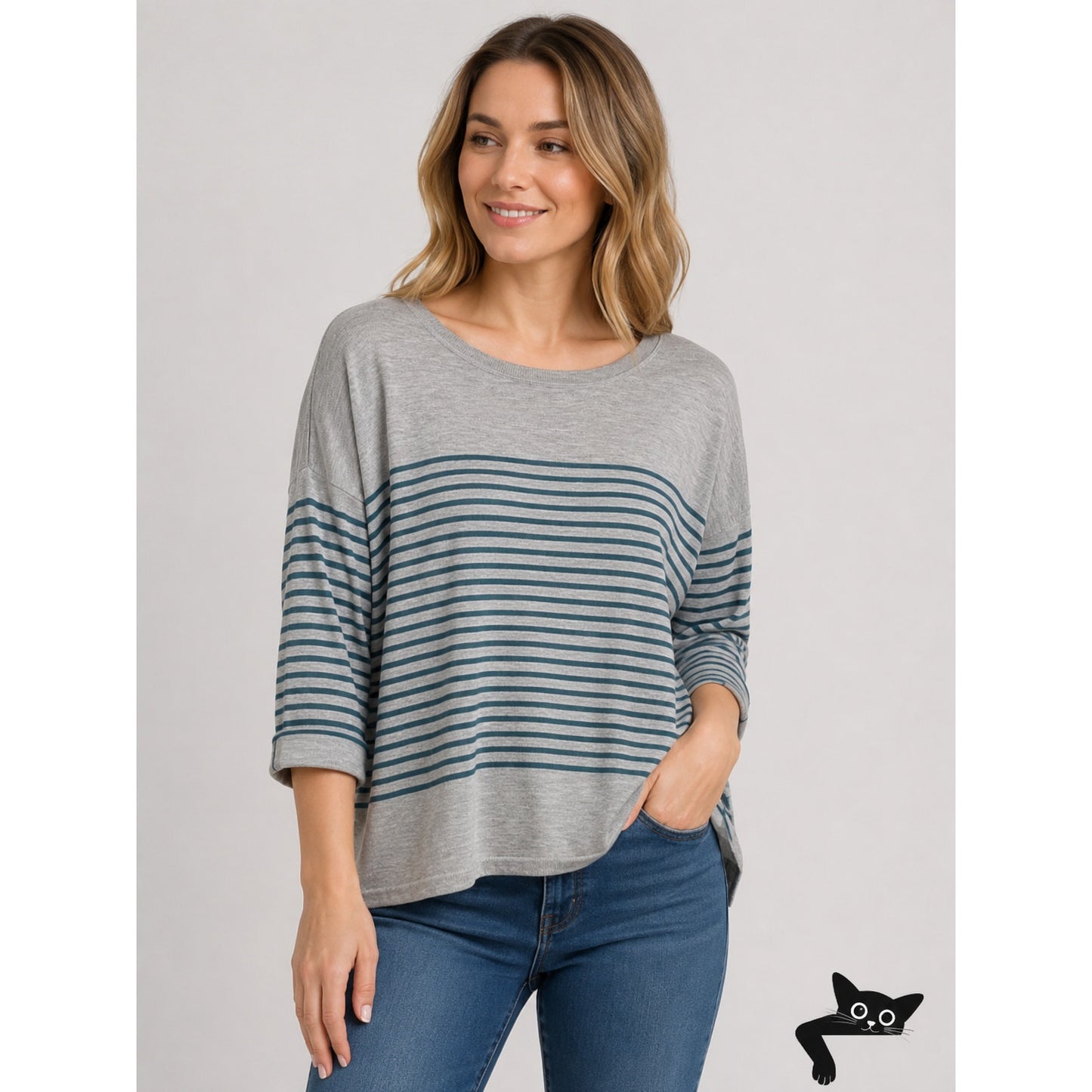 Joie Gray&Teal Striped Lightweight Sweater Top 3/4 Sleeve Boxy L