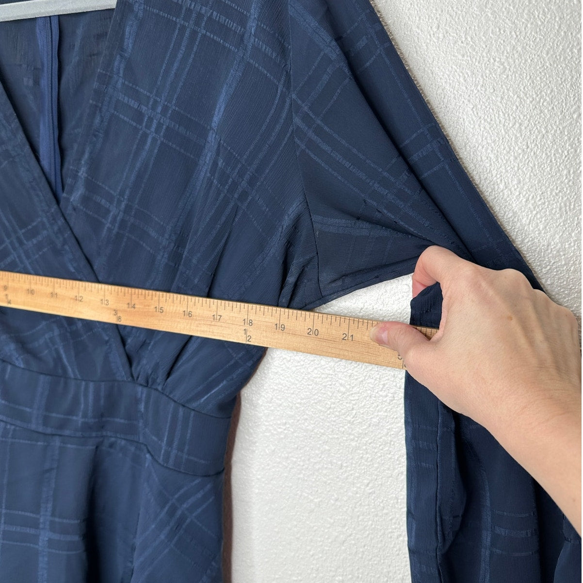 Navy Fit & Flare Sheer Plaid Faux Wrap V-Neck Romper Tie Waist XL