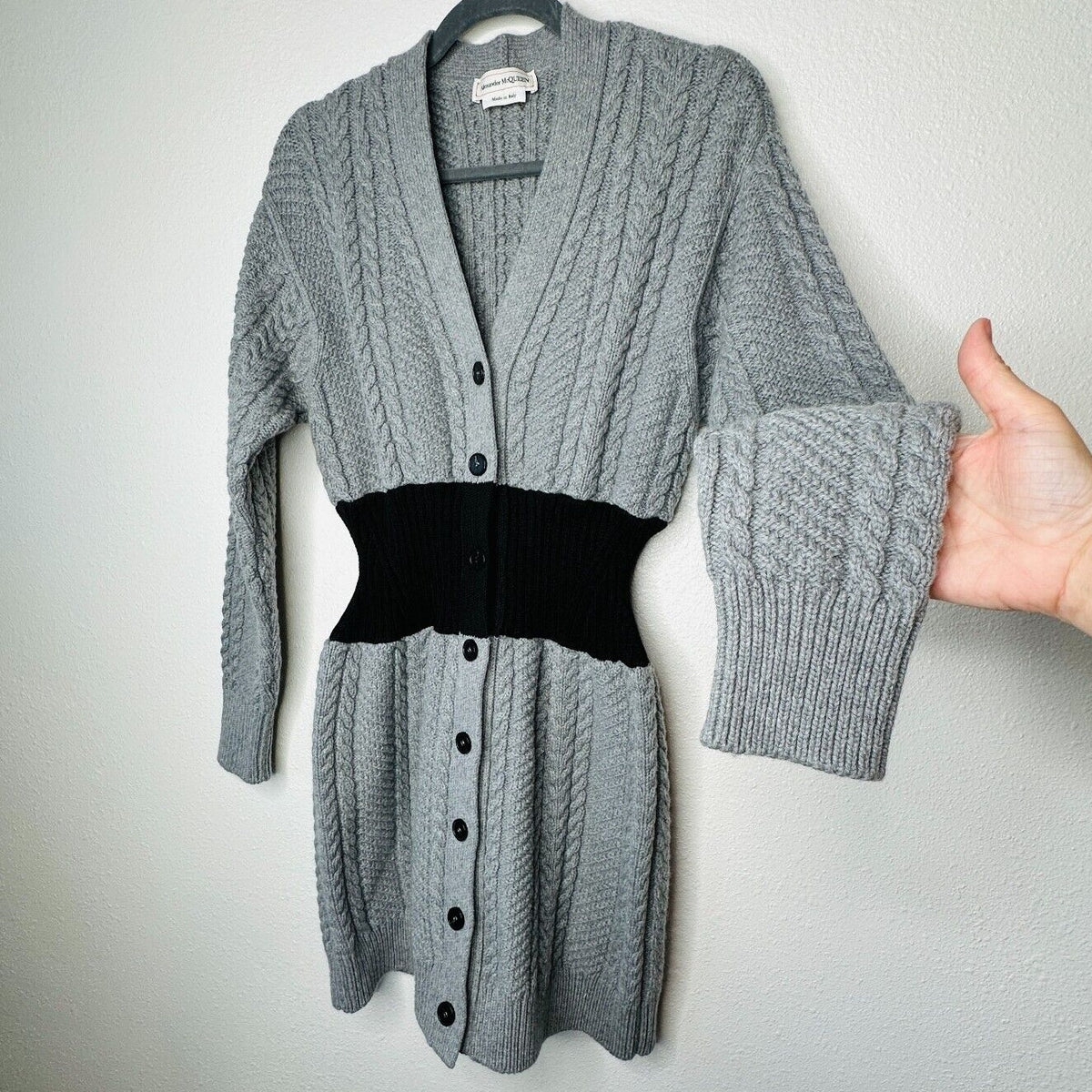 Alexander McQueen Knit Gray Cinch Waist Black Color Block V Neck Sweater Dress M