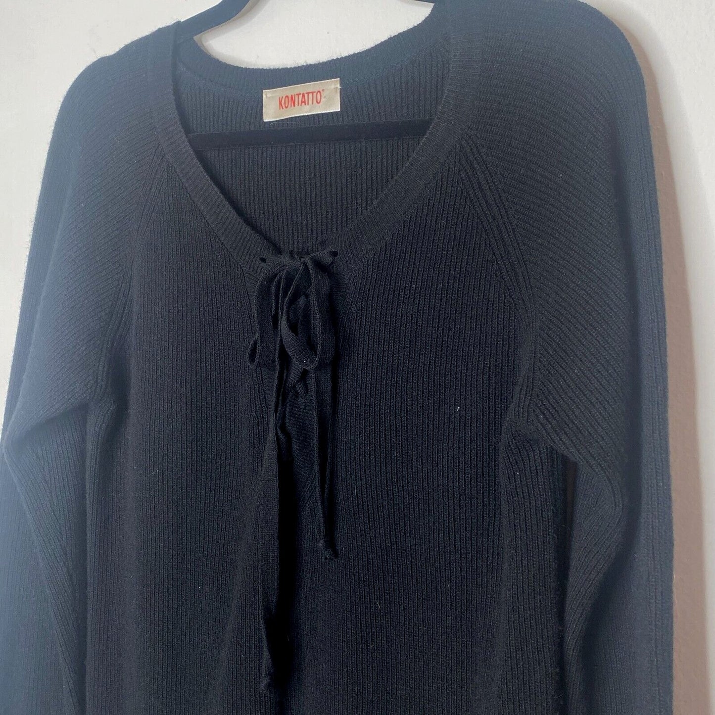 Kontatto Black Long Sleeve Front Tie Lace up V-Neck Long Sleeve Sweater Jumper S