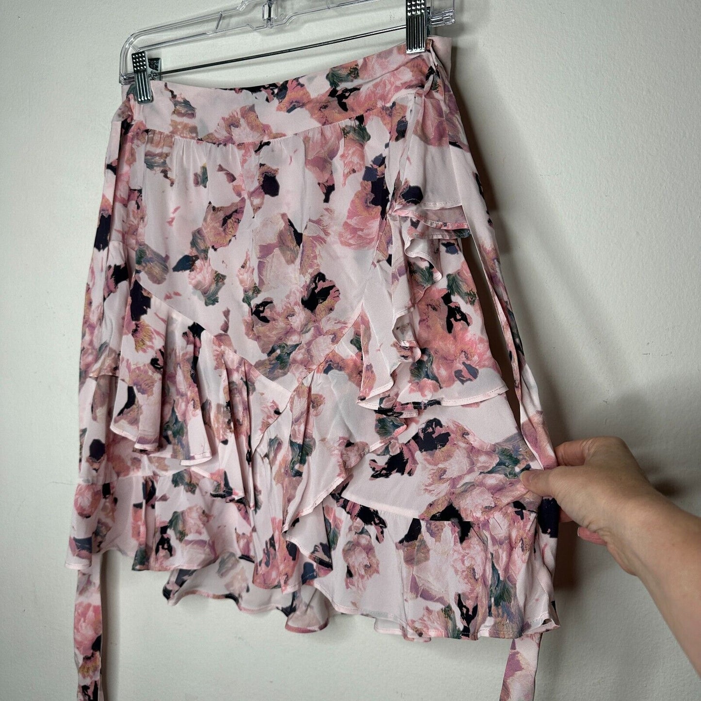 Iro Floral Light Pink Abstract Daring Wrap Flowy Layered Ruffled Mini Skirt 40