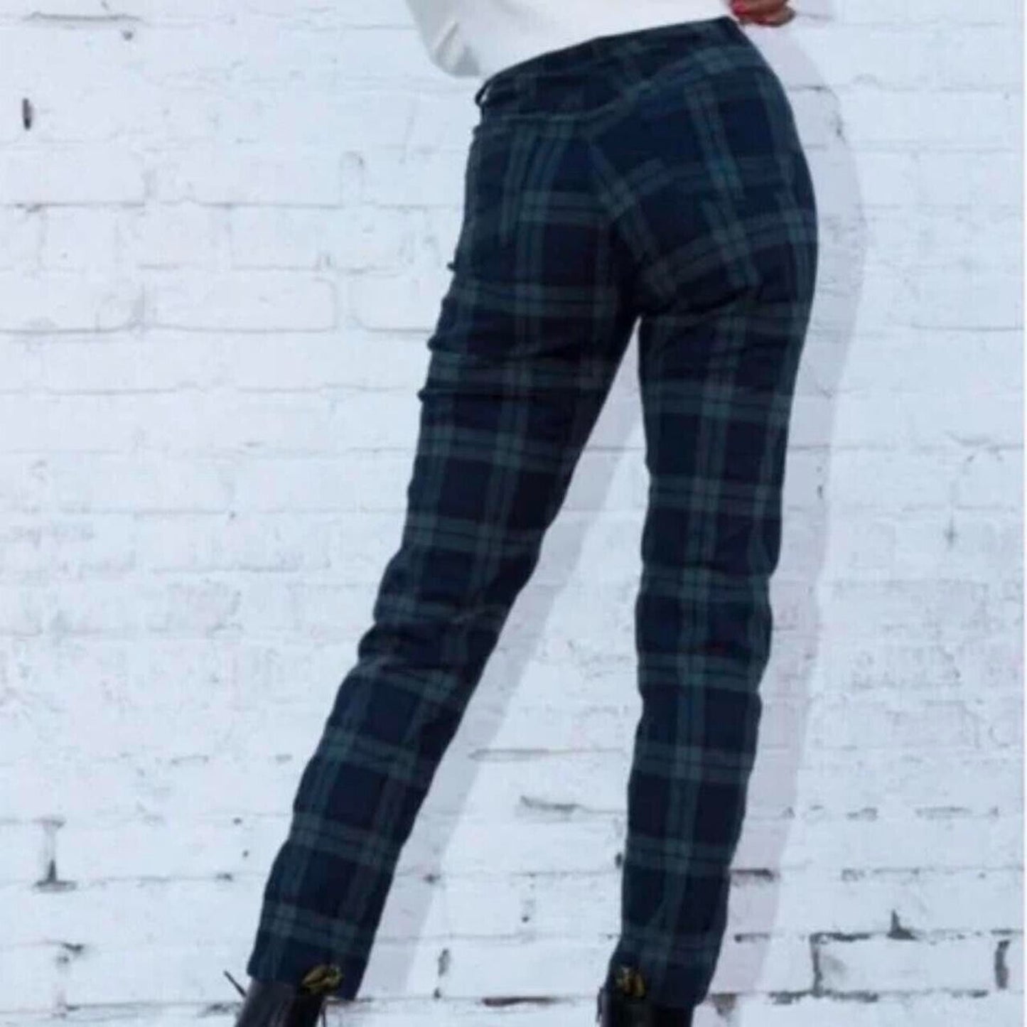 Brandy Melville John Galt Blue Green Plaid High Waist Zip Button Trouser Pant SM
