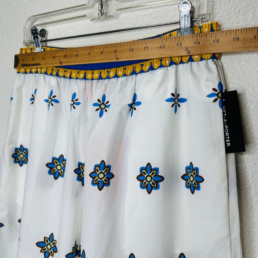 NWT La DoubleJ White Blue Printed Cropped Cotton-Poplin Wide Leg Crop Pant L