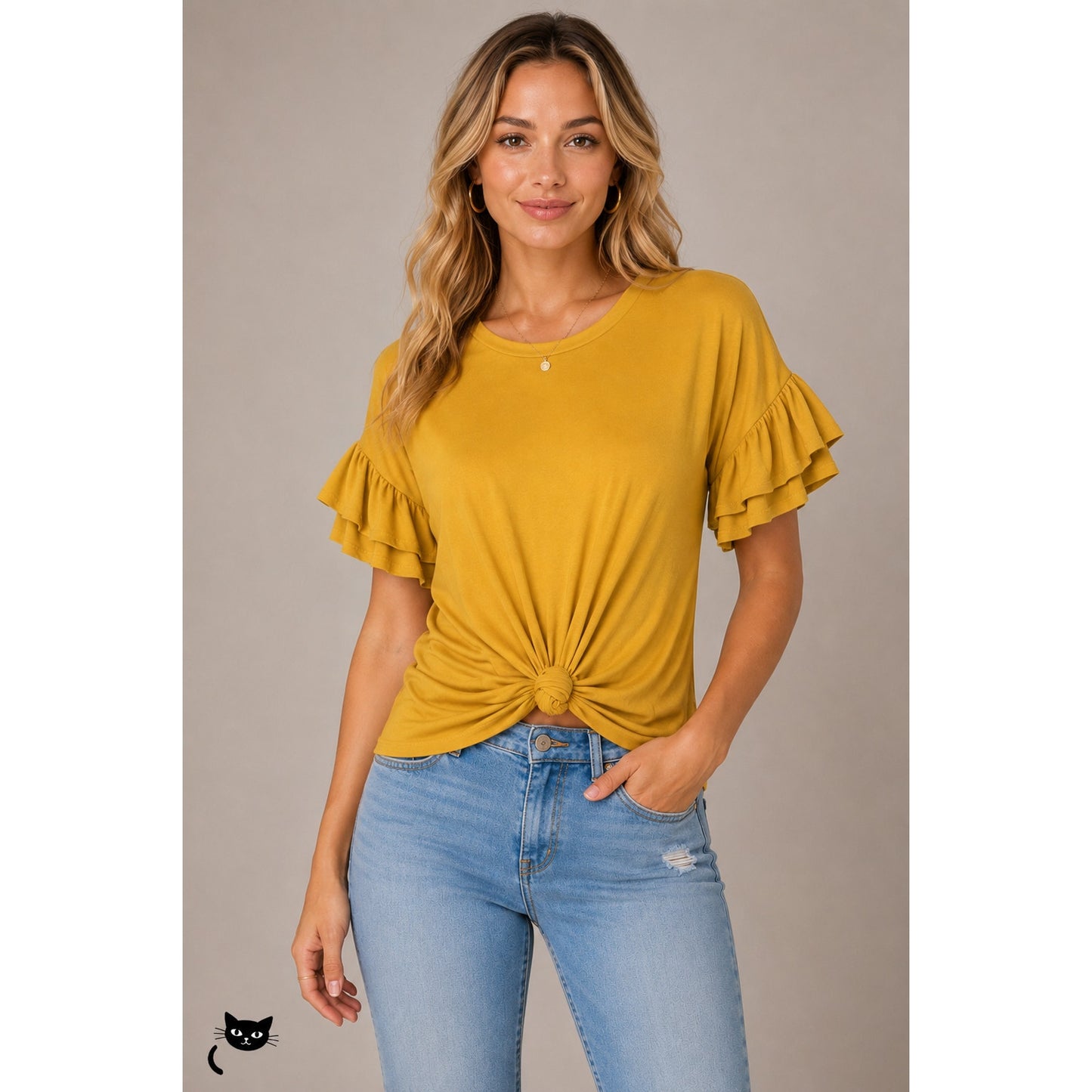 NWT Shop Basic Mustard Yellow round Neck Ruffle Sleeve Front Knot Shirt M