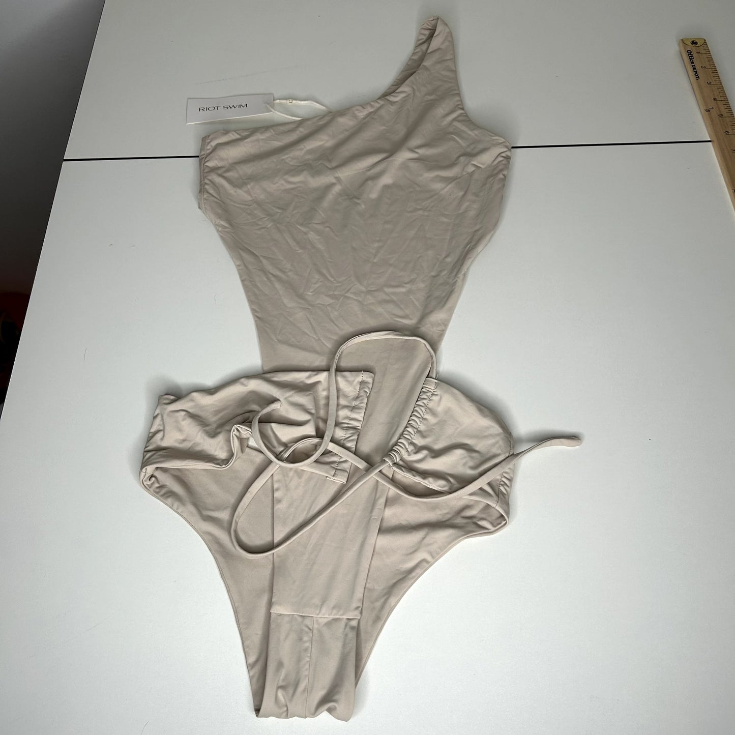 NWT Riot Swim Coconut Maddox 1-Piece 1-Shoulder Tie Waist High Leg Swimsuit SM