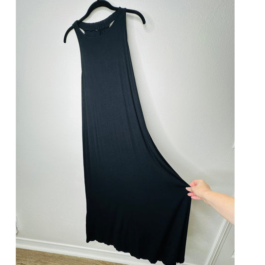 Black High Neck Plunging Sides Sleeveless Gathered Flowy Back Maxi Dress M
