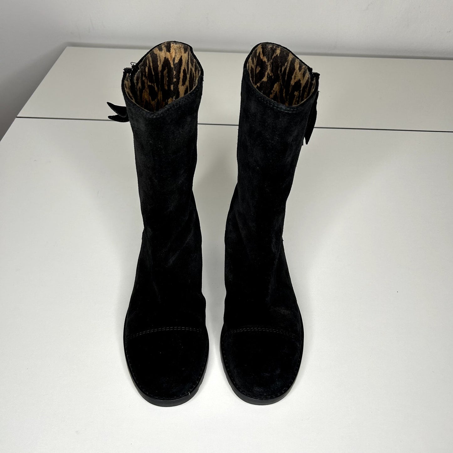 Stuart Weitzman Black Suede Mid-Calf Boots Cheetah Print Round Toe Booties 4