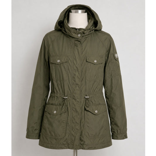 Vince Camuto Army Green Cinch Waist Zip Front Hooded Windbreaker Jacket Small