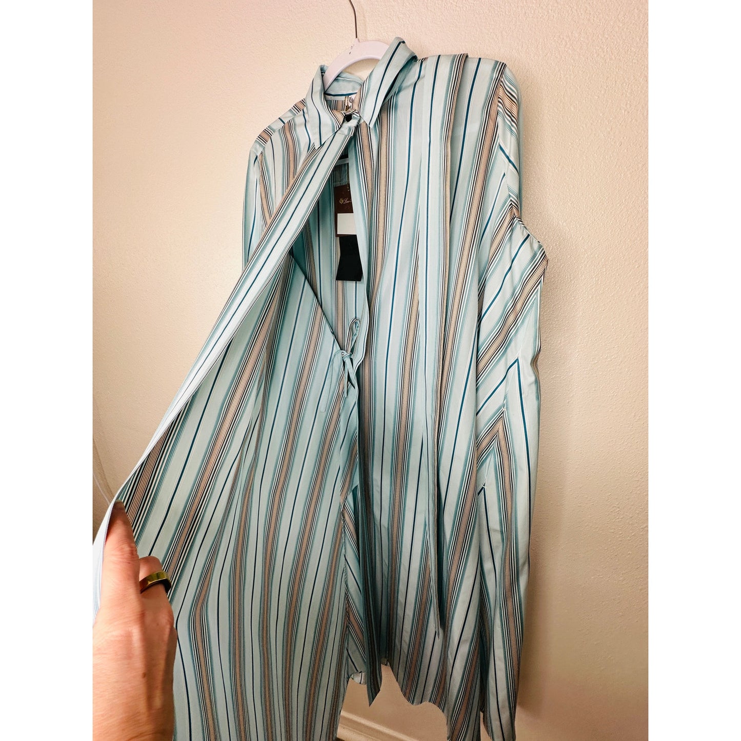 NWT Loro Piana Teal White Brown Stripe Front Button Tie Sash Wrap Dress XL