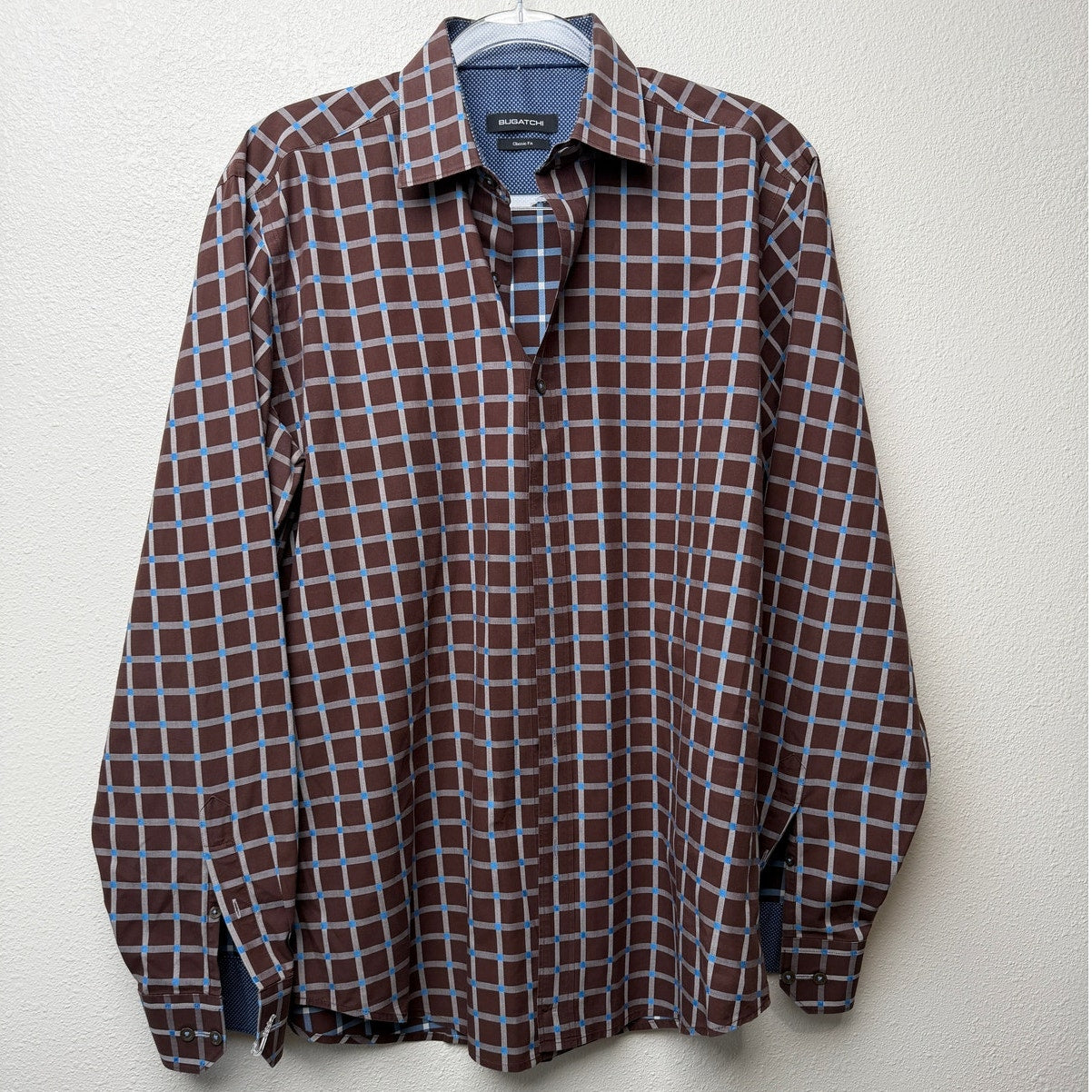 Bugatchi Plaid Button Front Long Sleeve Shirt Mens L Blue Brown