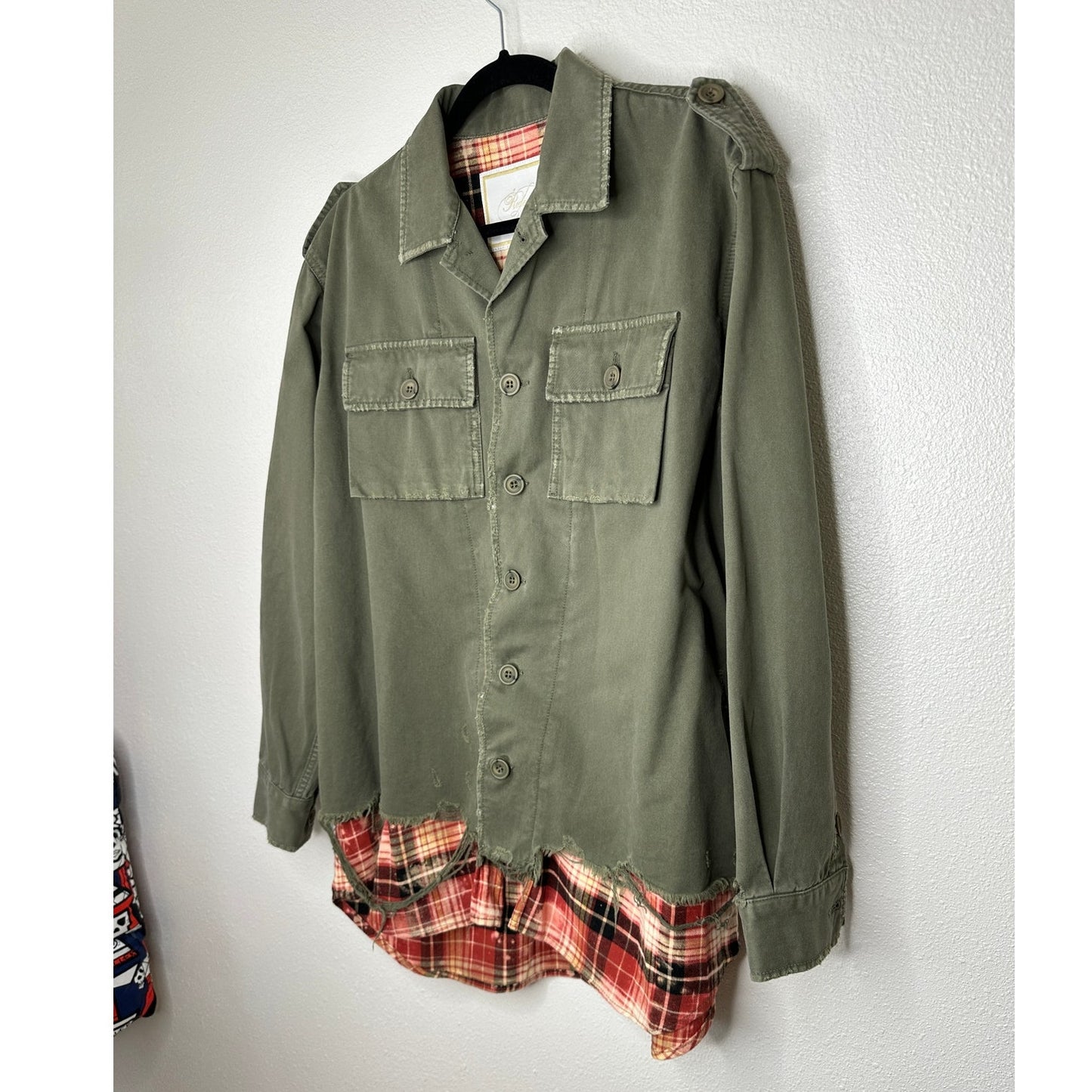 NWT Redemption Handmade Distressed Olive Military Shirt with Plaid Hem 44 / M