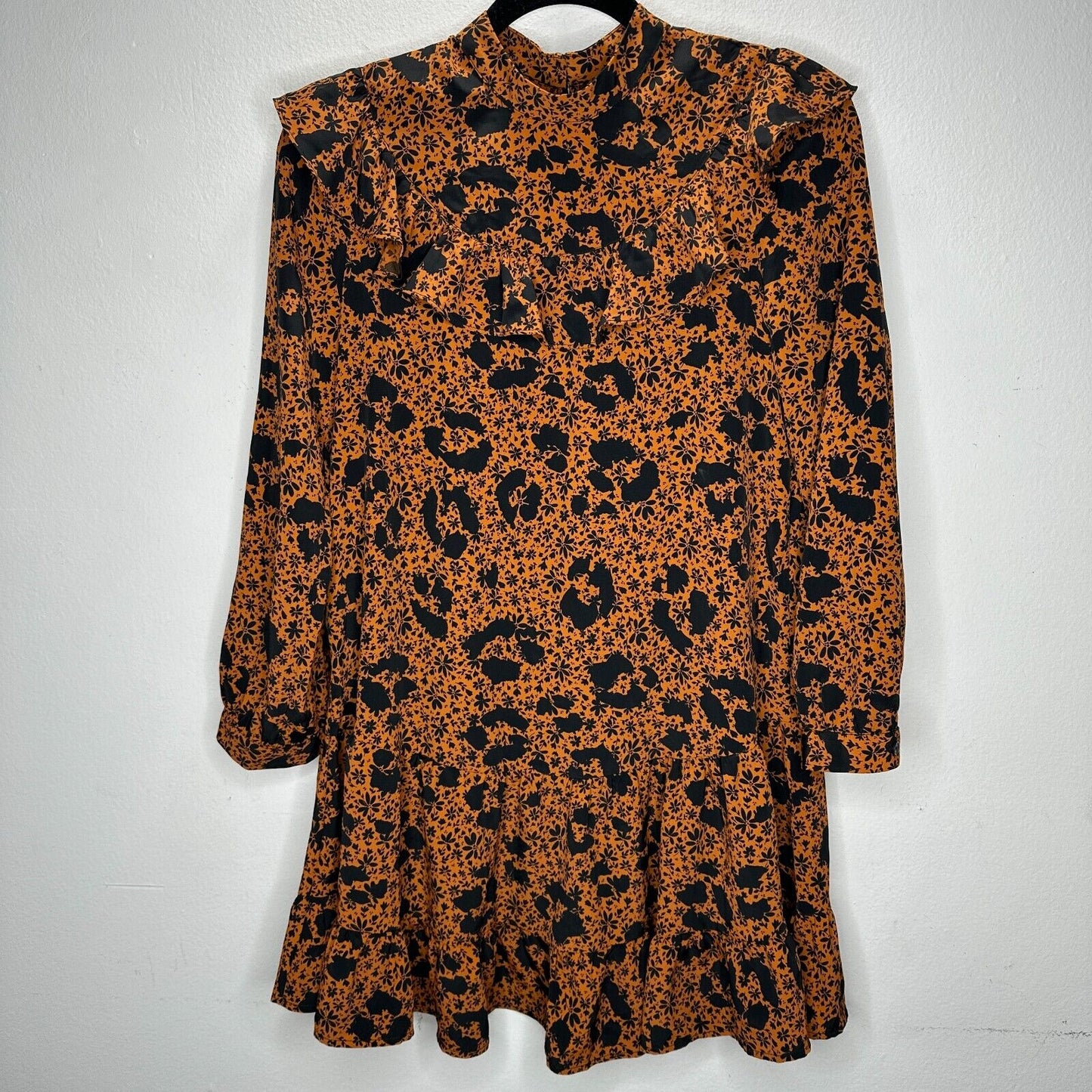 NWT Burnt Orange & Black Floral High Neck Ruffle Long Sleeve Dress 2