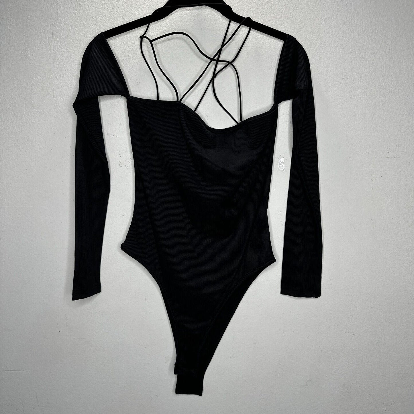 Black Bandeau Style Attached Arm Sleeve Criss Cross Back Bodysuit Snap Close M