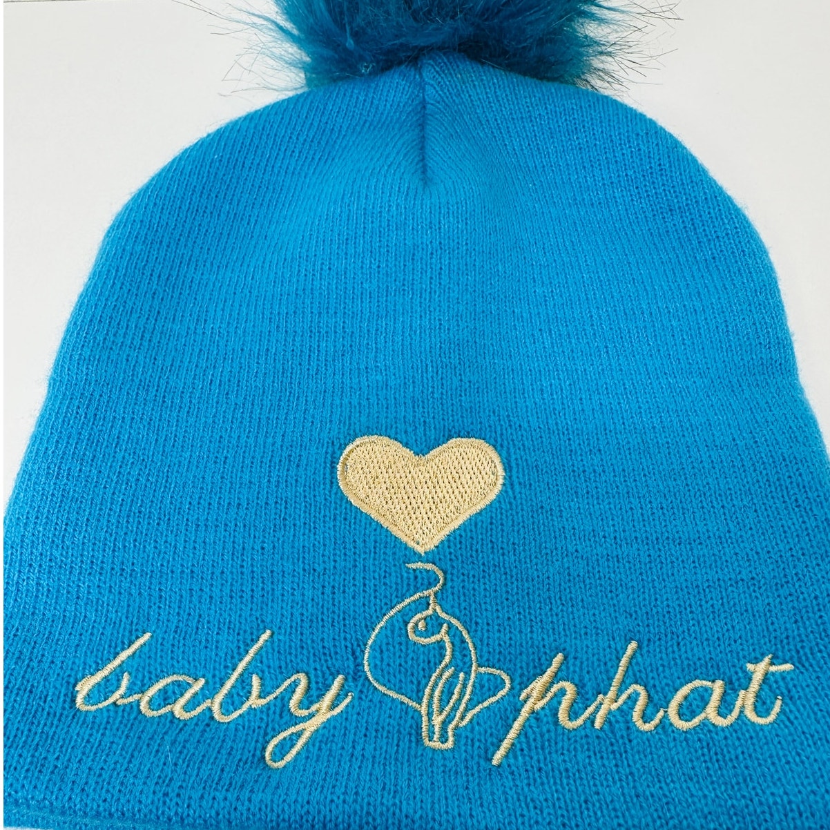 Baby Phat Blue with Gold Logo and Heart Pom Beanie OS