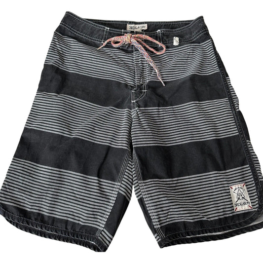 3rd & Army Mens Black & White Stripe Tie Waist Back Button Pocket Board Short 30
