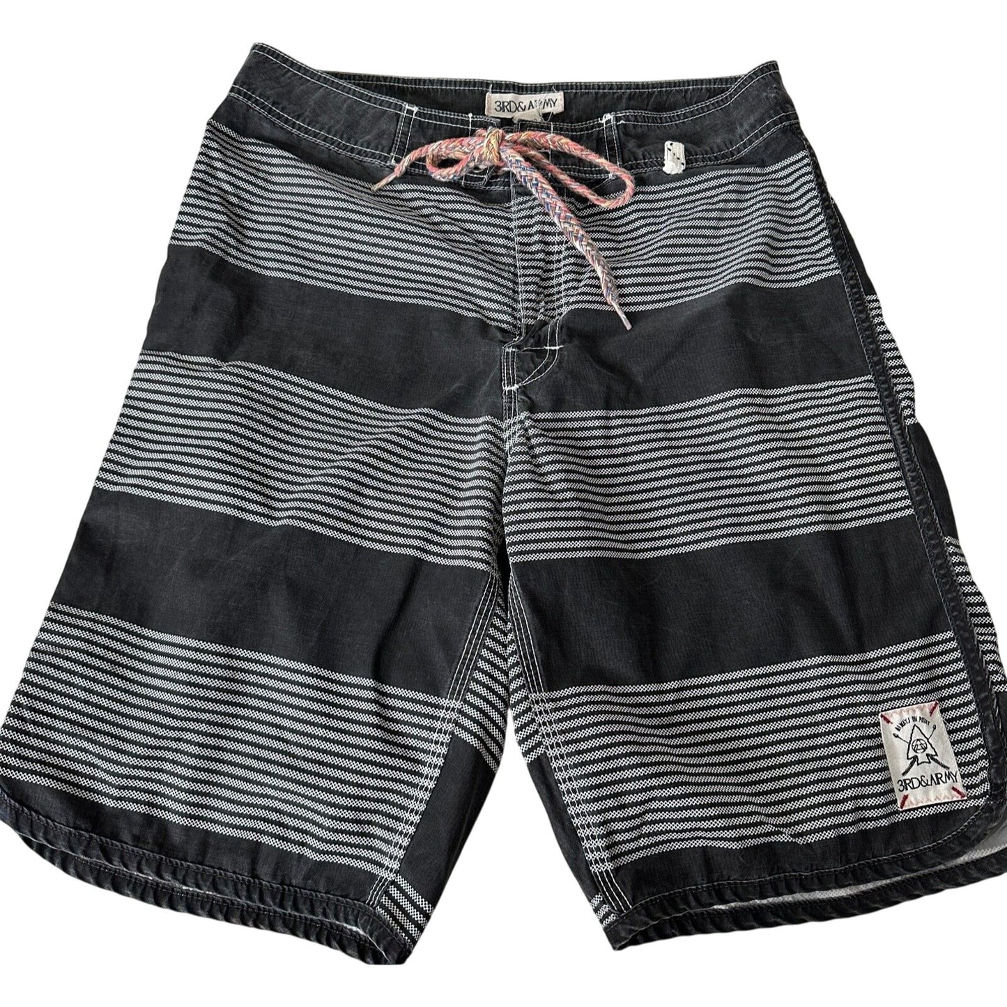 3rd & Army Mens Black & White Stripe Tie Waist Back Button Pocket Board Short 30