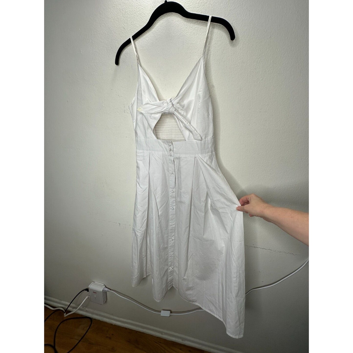 White Front Tie Spaghetti Strap Open Stomach Front Button Flowy Summer Dress M