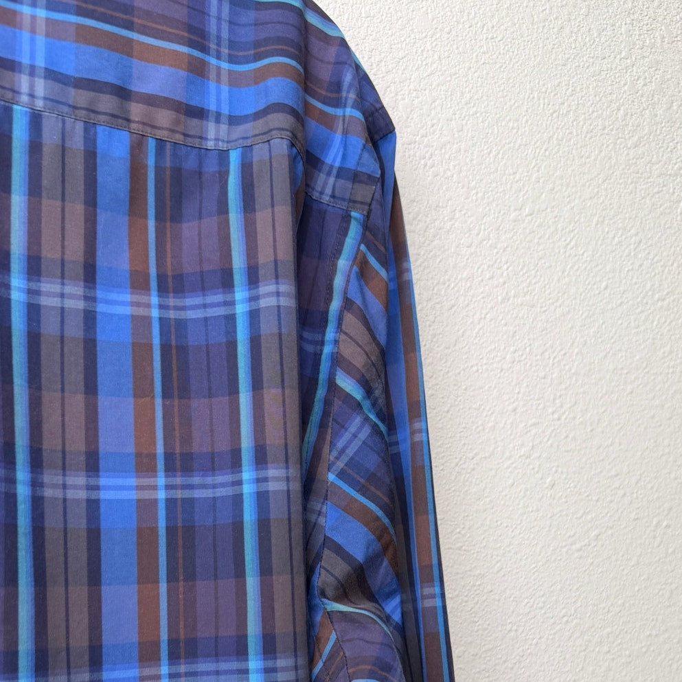 Bugatchi Plaid Button Front Shirt Blue Brown Gray Men’s L