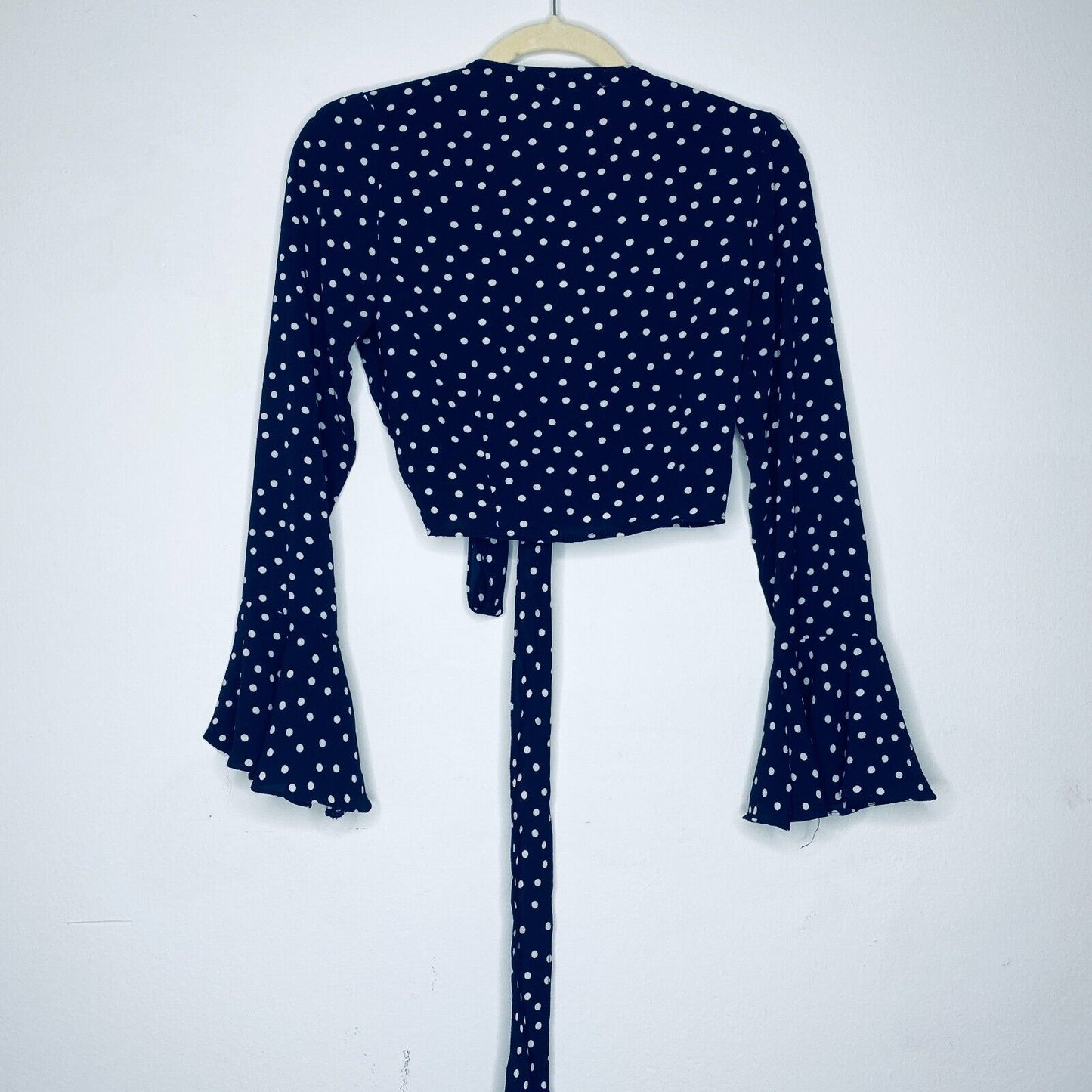 Revolve Eight Sixty Navy Cream Polka Dot Wrap Front-V Bell Sleeve Crop Top SM