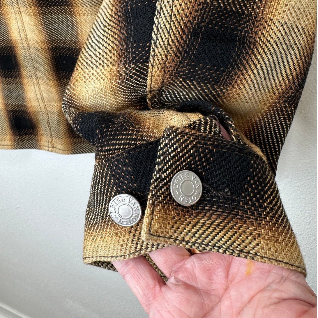 Dries Van Noten Butter Yellow Brown & Black Plaid Flannel Overshirt L