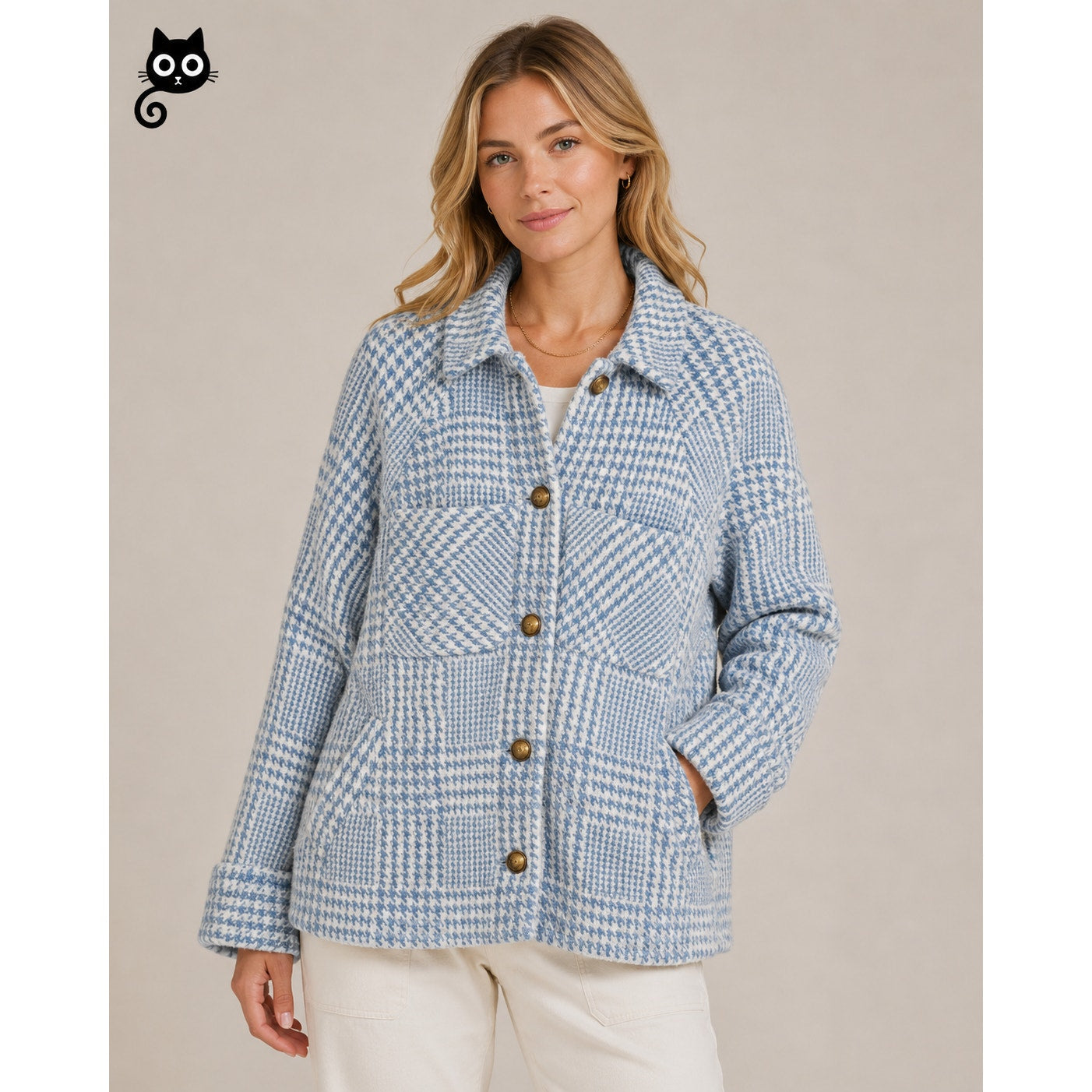 Greylin Blue & White Houndstooth Check Plaid Button Front Collared Jacket L