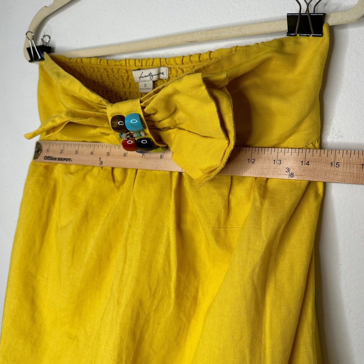 Yellow Linen Sleeveless Blouson Blouse Mini Dress Bead Bow Tie Front S