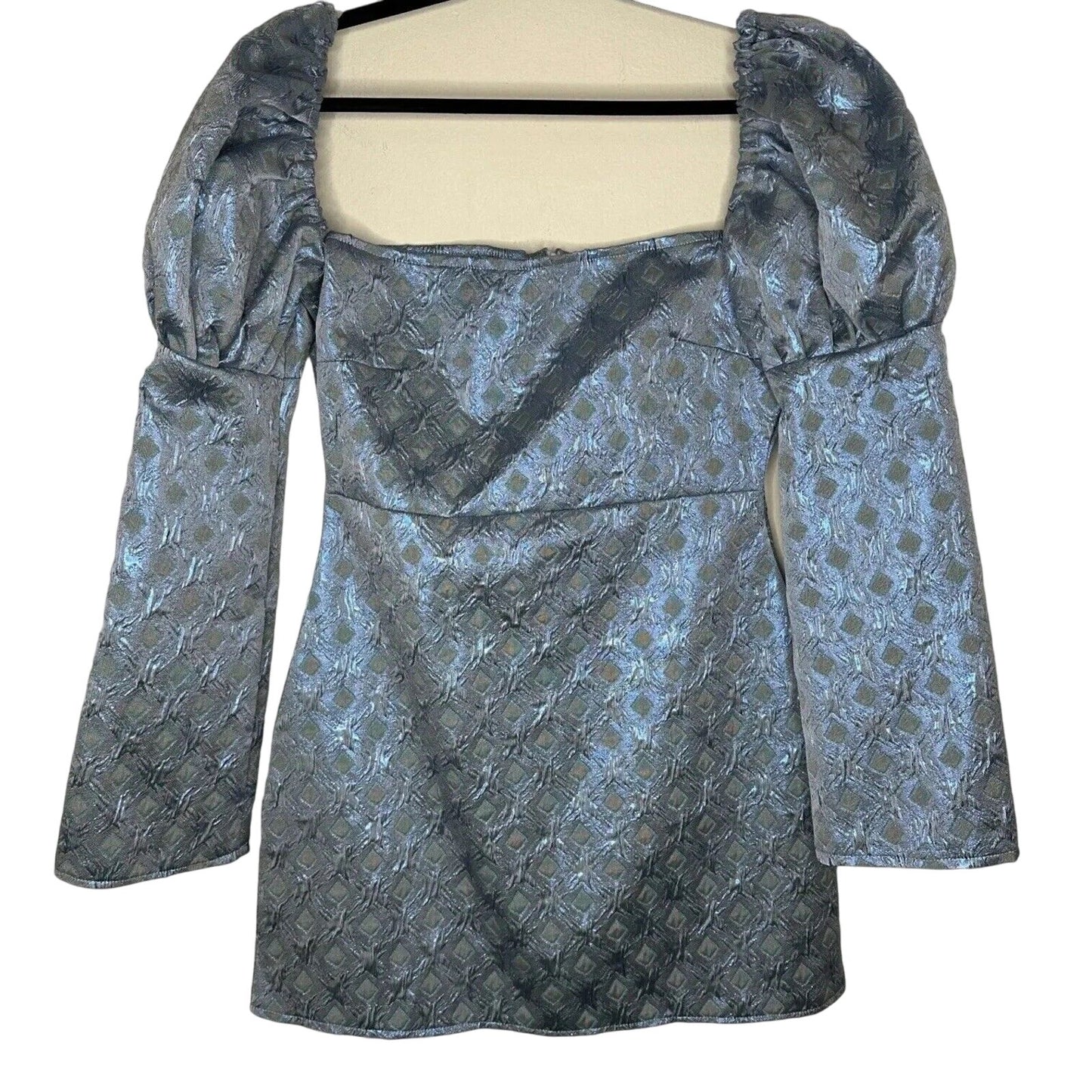 Olivia Rose Cute Blue Ophelia Diamond Crinkle Square Neck Puff Sleeve Mini XL