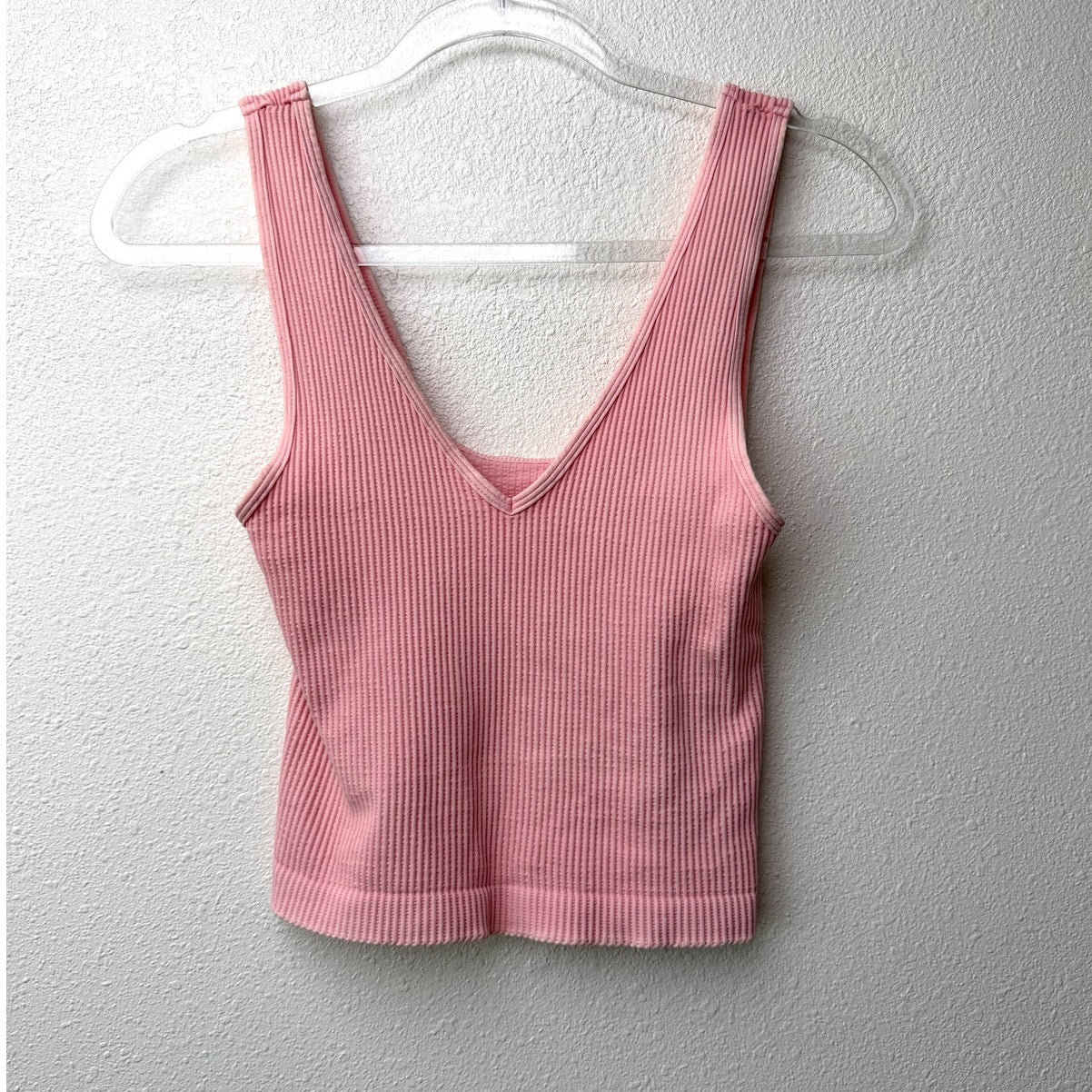Niki Biki Pink Ribbed Cropped Tank Top V-Neck Stretch Sleeveless OS