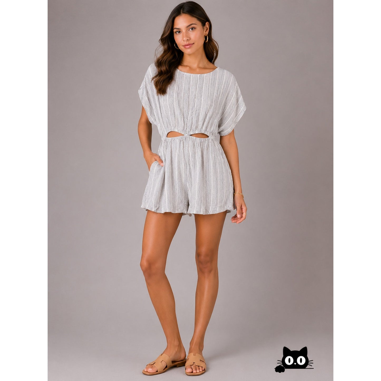 NWT Miou Muse Cream Black Striped Cutout Romper Small Linen Beach Resort Boho