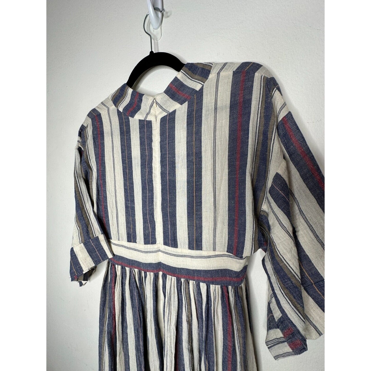 Three Graces London Ferrer Tan Blue Red Stripe Short Cuff Sleeve V-Neck Dress 10