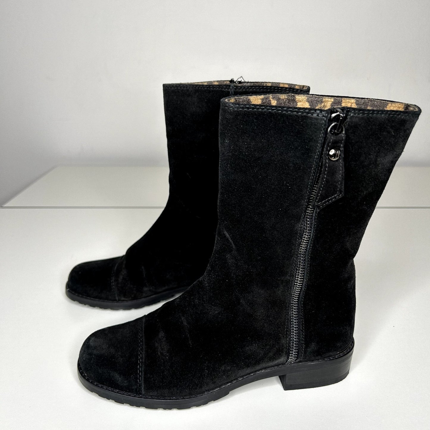 Stuart Weitzman Black Suede Mid-Calf Boots Cheetah Print Round Toe Booties 4