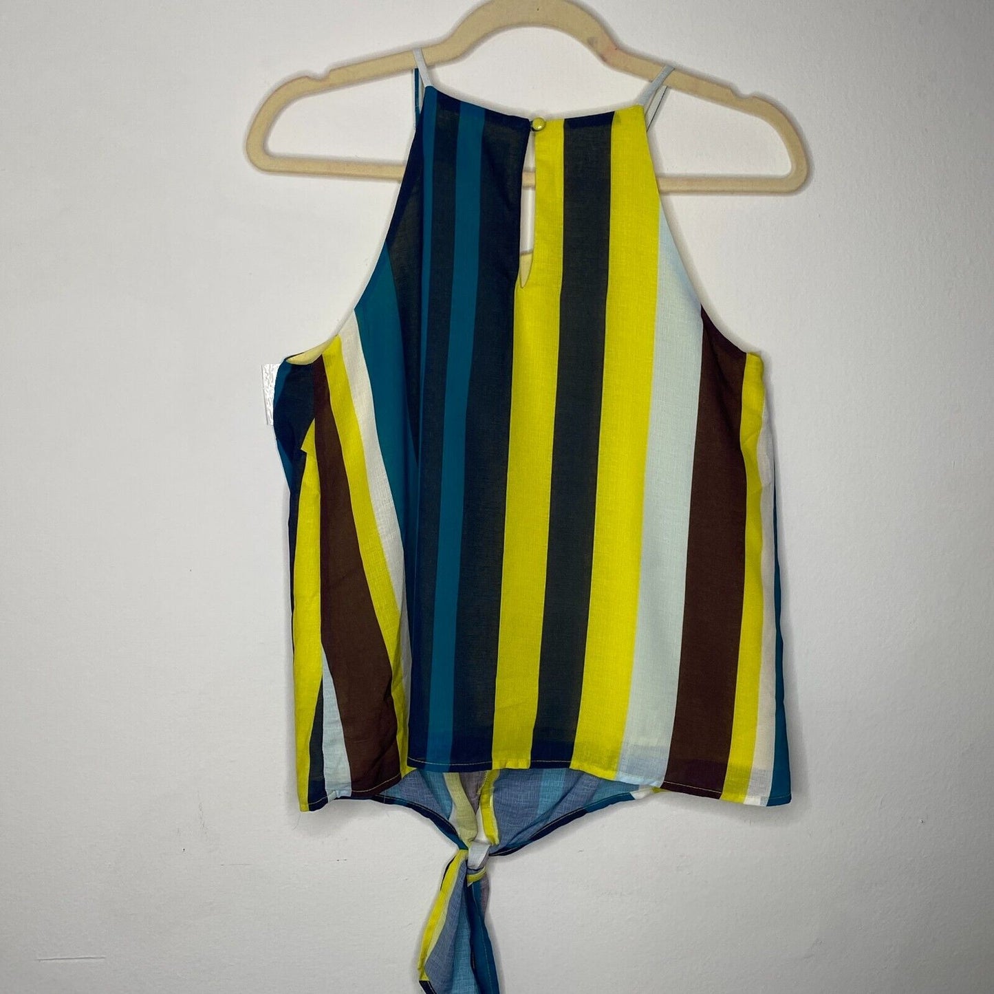 Sunday In Brooklyn Teal Blue & Yellow Black Multi Stripe Front Tie Blouse XS