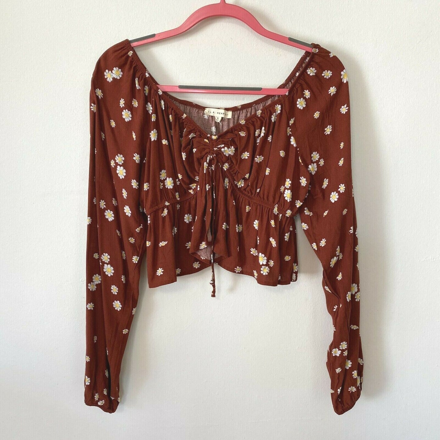 PACSUN Rust Brown with Floral White Yellow Off Shoulder Crop Peasant Top Medium