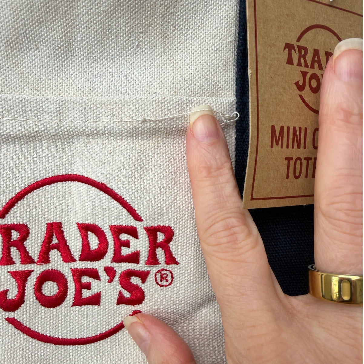 NWT Trader Joe’s Mini Canvas Tote Bag Navy Cream Red Logo Grocery Shopper