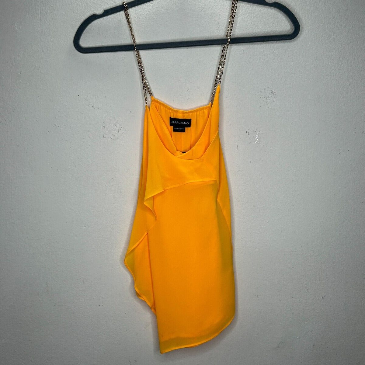 Marciano Yellow Semi-Sheer Tiered Ruffle Round Neck Gold Chain Straps Blouse S