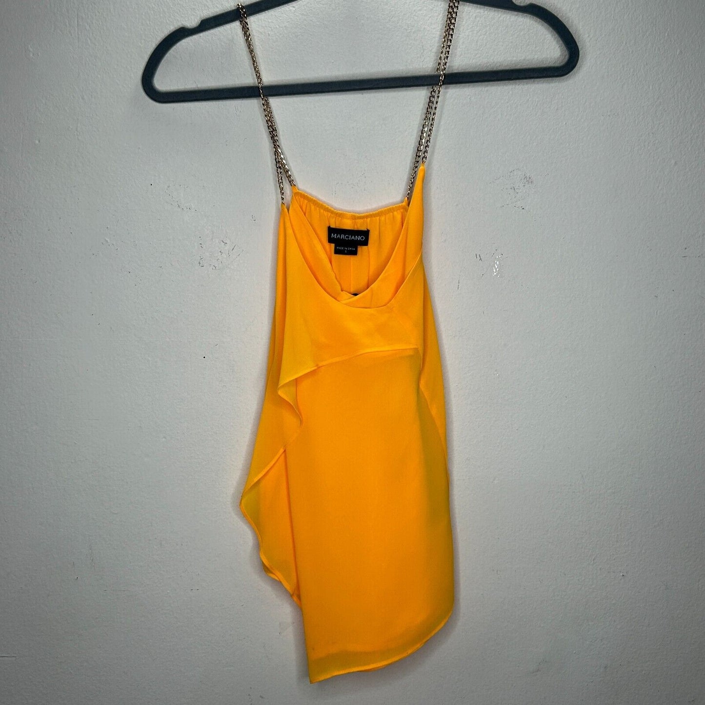 Marciano Yellow Semi-Sheer Tiered Ruffle Round Neck Gold Chain Straps Blouse S
